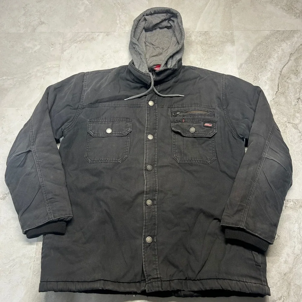 Genuine Dickies Hooded Work Jacket Black Canvas Men Medium Quilted Lined Coat